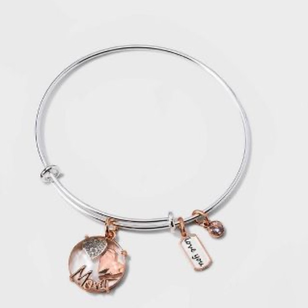‘Mom Love You' Cubic Zirconia Crystal Double Heart Bangle Bracelet-14kt plated